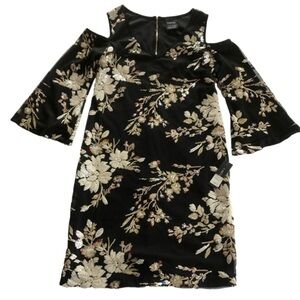 NWT CARTISE Black Sequins Flowers Overlay Peak-a-boo Shoulder Dress Size  6
